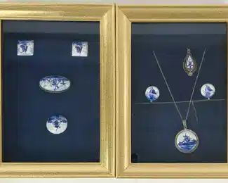 Vintage Delft Blue & White Porcelain Jewelry In Shadow Box
