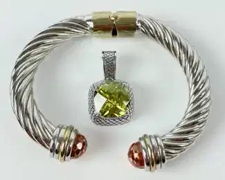 David Yurman Style Hinge Gemstone Cuff Bracelet & Necklace Pendant
