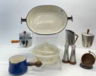 MCM Le Creuset Brown casserole dish ; DANSK ENAMEL BLUE POT ; KMD MCM DAALDEROP ROYAL PEWTER CREAMER SUGAR BOWL WITH SALT AND PETTER SHAKERS & Pyrex lidded bowl
