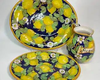 Italian hand painted signed Parrini Ceramic Lemon blossom jumbo Serving Platter / Wall Art smaller platter ; & Acqua water pitcher
