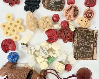 Asian Carved Bone, Cinnabar, Wooden Fish Beads, Netsuke Rabbits,
