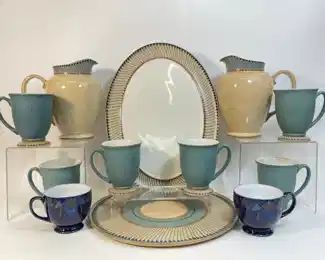 Denby Luxor MCM Mid Century Modern Fine English Pottery Stoneware Serving Platters ; Pitcher Vases; & Tall Mugs & Denby Baroque navy blue art pottery cups

