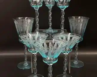 RARE Morgantown Glass set of 8 WOODLAND Etched BLUE Liquor Cocktail Champange Glasses
