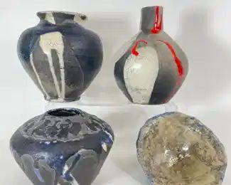 1990s RAKU Signed Art Pottery Multicolored Drip Vessels
