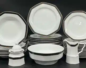 Christopher Stuart Y0009 Black Dress Fine China Dinner Plates, Salad Plates, Soup Bowls, Bowl, Lidded Sugar Jar, & Creamer
