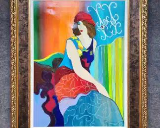 Large Itzchak Tarkay Colorful Pose Embellished Serigraph on Canvas Gilt Framed
