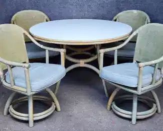Vintage MCM Style Rattan Bamboo Dining Table & 4 Dining Swivel Chairs
