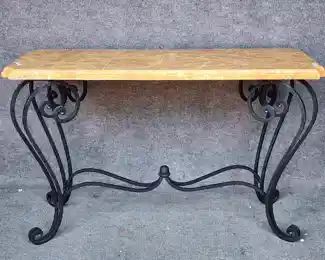 Fantastic Vintage Iron & Faux Marble Top Console Table
