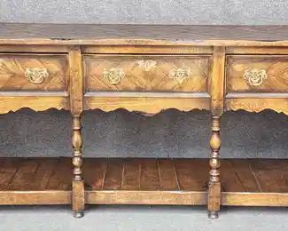 20th Century Antique Replica 3 Drawer Tavern Style Credenza Faux Wood Worm Holes
