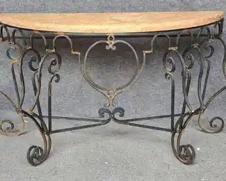 20th Century Fancy Ironwork Marble Top Console Demilune Italian Style Table
