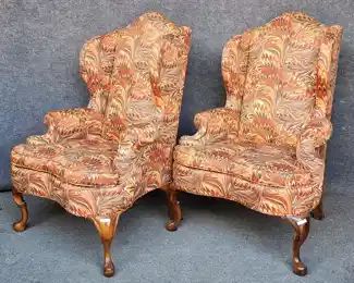 Fantastic 20th Century Craftwork Guild Hickory NC Upholstered Wing Back Lounge Marbling Textile Chairs
