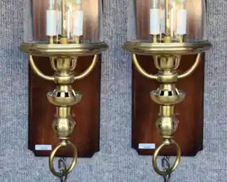 20th Century Pair Knob Creek Brass Lanterns Mounted to Wood Light Fixtures
