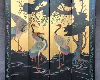 Vintage Asian lacquer Hand Carved Hand Painted Room Divider Screen
