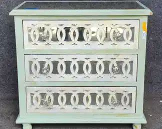 Mirrored Hollywood Regency Style 3 Drawer Chest with Mercury Glass Knobs
