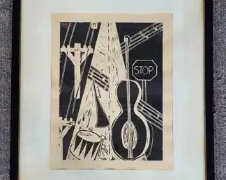1972 Original Signed Wood Block Print Musical Instruments Framed
