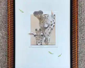 Original Pen Ink Pastel Wild Life Giraffe Artwork Framed
