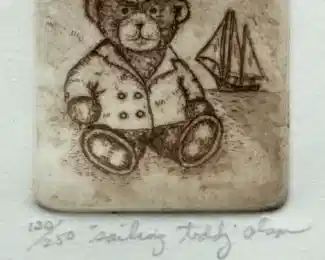 Original David Olson Etching Sailing Teddy Bear Pencil Signed and Framed

