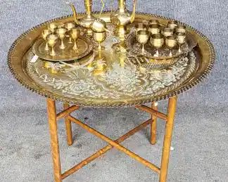 Vintage Middle Eastern Incised Brass Table on Stand or Table top with Tea/Coffee Serving Set & Small Goblets
