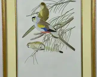#1 John Gould Parakeets Series high Quality gilt framed, artist initialed and dated �J. R. I� watercolors of tropical birds circa 1945-1946 in homage to John Gould�s �Birds of New Guinea� lithograph
