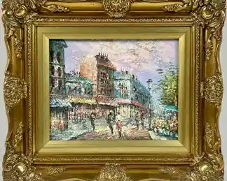 Gilt framed, artist signed oil on board Parisian city scape featuring the Arc de Triomphe
