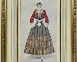 4 gilt framed N. Sperling prints of Greek fashion peasantry in traditional dress, circa 1930s, with information in Greek and English on the back of each print
