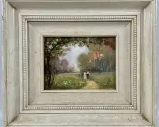 Framed, signed, 20th c James Llewelyn reverse glass painting of forest scene
