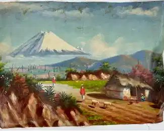 Unframed, artist signed village scape, oil on canvas
