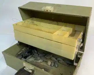 Vintage My Buddy Tacklemaster Three Tray Fishing Tackle Box Filled With Lots of Weights, Lures, Hooks, and More
