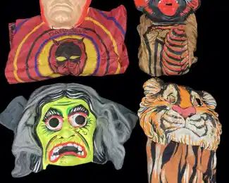 Vintage 1970s Halloween Costume Set Featuring Daredevil, Witch, Bat, Tiger, and Devil Mask
