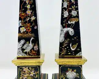 Baker Knapp & Tubbs Vintage Pair Of Decorative hand painted Birds & flowers Obelisks
