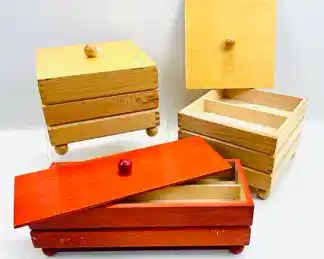 Vintage Light Wood Square Stacking Jewelry Box With Lid And Rectangular Red Stacking Box
