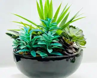 Faux Succulent Arrangement in Large Black Glazed pottery Bowl
