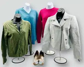 J.Crew The Caryn Cardigan Olive Green Sweater Size S, Black Brown 100% Cashmere V Neck Sweater Size XL, MinnieRose PinK Sweater Size XS And J.Crew � Gray Bonded Moto Jacket Size S, Zalo Floral Flat Shoes Size 8
