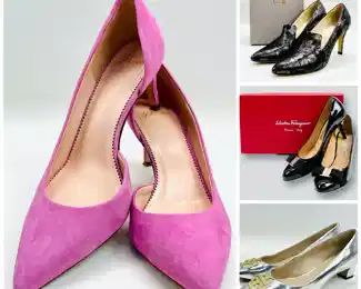 High End Salvatore Ferragamo Carla Pumps In Black Patent Leather, Amalfi By Rangoni Mafalda Grafite Stemmy Black Heel Pumps, J. Crew Pink Suede D'Orsay Pointed Toe Heels 3" Lucie/ Colette And Tory Burch Raleigh 40mm Wedge Silver & Gold Metal dress evening shoes

