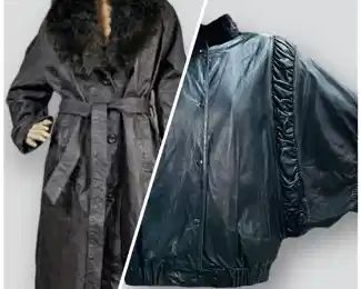 Vintage 90s Terry Lewis Leather Trench Coat Duster Brown Faux Fur Collar And Non Branded Black Bat Jacket Both In Great Preowned Condition
