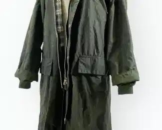 BARBOUR WAXED COTTON DUSTER MADE IN ENGLAND SZ C36/91CM CLASSIC DARK GREEN WITH CHOCOLATE CORDEROY COLLAR
