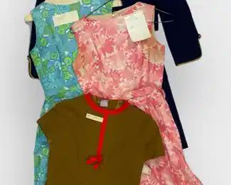 VINTAGE 1960�s LOT OF 4 CHERISHED PIECES VILANO BY GERARDO LIVORNESE FROM GARFINKELS WASHINGTON BLUE DRESS WITH GOLD TONES ACCENTS JACKET SET 1969, SAKS FIFTH AVE OLIVE DRAB AND RED SKIRT AND TOP SET 1965, PECK & PECK PINK FLORAL PLEATED DRESS AND BLUE GREEN PLEATED DRESS 1963
