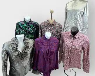 SANDRO PARIS GREEN AND PURPLE MULTI TEXTURE RUFFLE TOP SZ 1LIBERTY ART FABRICS FOR J CREW BUTTON UP FLORAL SZ 0 and SZ 2 LAFAYETTE 148 SILVER METALLIC RUFFLE BUTTON UP SZ4 &OTHER STORIES PSYCHEDELIC RED AND PURPLE BLOUSE SZ2 SILVER SILK BACK BUTTON TOP SZ 2

