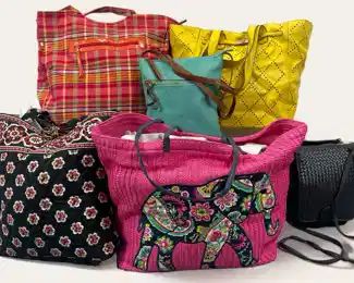 Vera Bradley, Joy Mangano, and other various shoulder bags. Black with floral print, hot pink with elephant (13x7x13), plaid with peach trim, yellow, turquoise, and black
