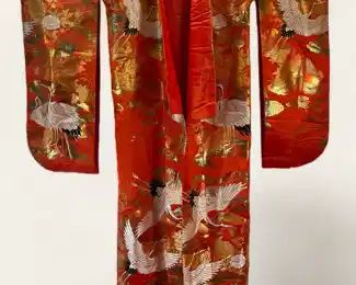 Gorgeous orange & golden silk Uchikake kimono with Flowers cranes
