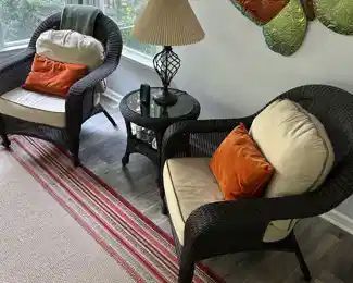 MATCHING WICKER ARM CHAIRS AND LAMP TABLE