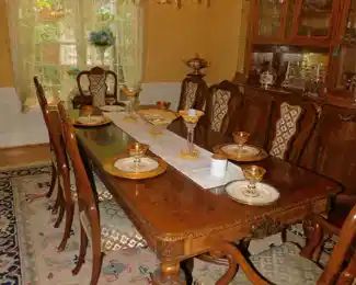 Antique French Louis XVI Carved Dining Table Has 8 Chairs With Extensions Seats 20