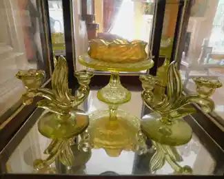 VASELINE GLASS CANDLE HOLDERS AND CAKE STAND