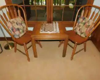 Oak Chairs And Game Table With Alabaster Chess Set