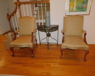 Vintage English Arm Chairs With Antique Italian Marble & Bronze Table