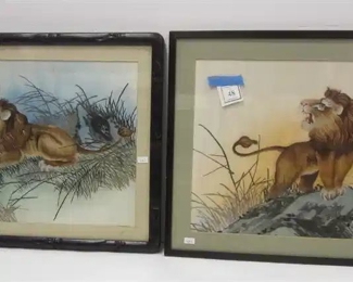 TWO FRAMED SILK EMBROIDERIES OF LIONS