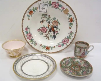 CHINESE FAMILE ROSE, WEDGWOOD SAUCER, TUSCAN ENGLISH SUGAR BOWL, JOHN MADDOCK & SONS ANTIQUE BOWL