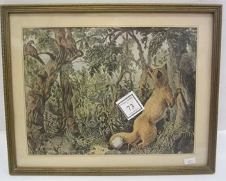 1930'S OFF SET LITHO PRINT WITH TREE SPIRITS, BIRDS AND FOX