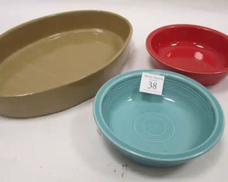 TWO FIESTA WARE BOWLS AND AN OVAL PEARSON'S OF CHESTERFIELD BOWL