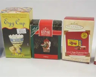 MUFFY VANDERBEAR EGG CUPS, THREE KEEPSAKE ORNAMENTS - OWLIVER, AND 29-C FIRE PUMPER SET